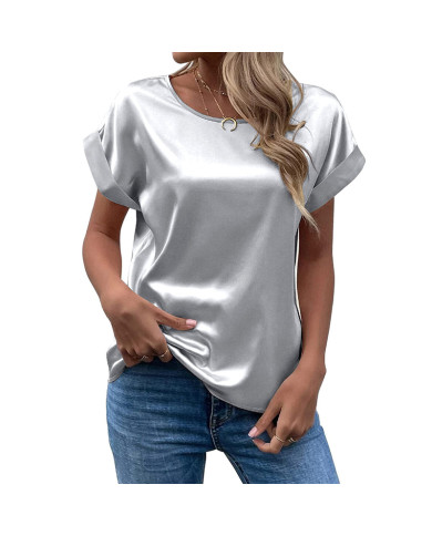 summer women leisure pure color satin T-shirt-light gray