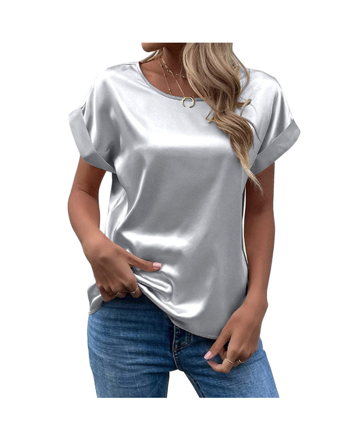 summer women leisure pure color satin T-shirt-light gray