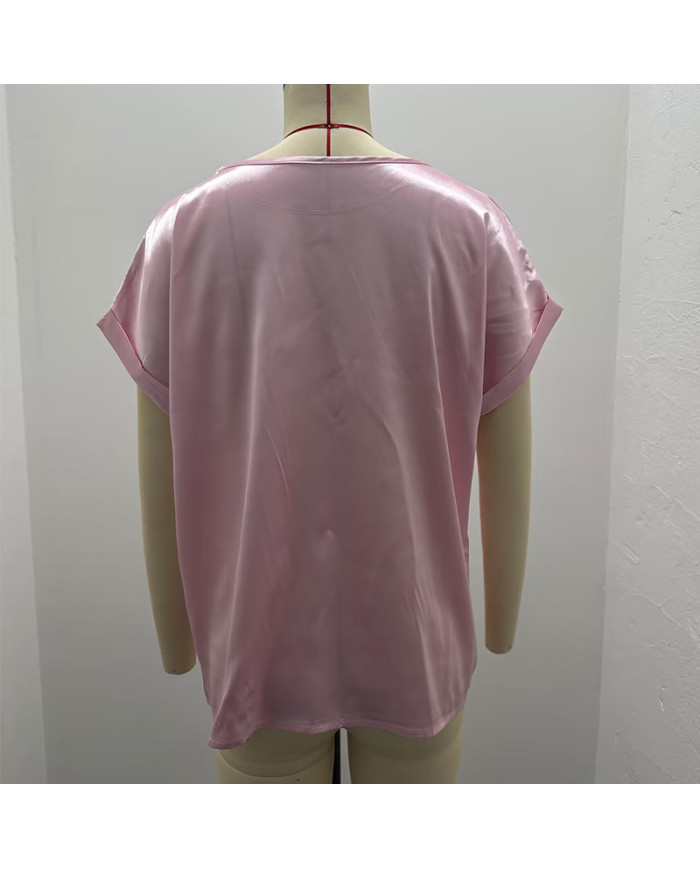 summer women leisure pure color satin T-shirt-light purple