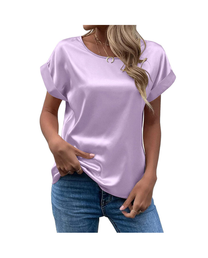 summer women leisure pure color satin T-shirt-light purple