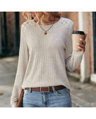 apricot autumn women lace round collar pit strip sanding T-shirt