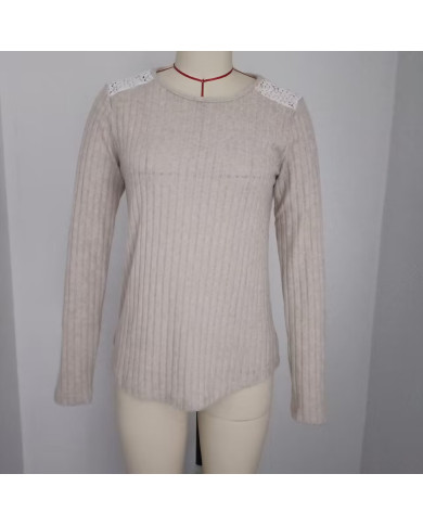 apricot autumn women lace round collar pit strip sanding T-shirt