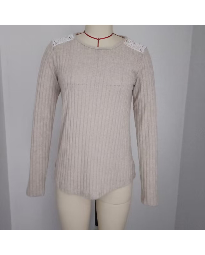 apricot autumn women lace round collar pit strip sanding T-shirt