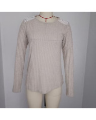 apricot autumn women lace round collar pit strip sanding T-shirt