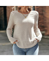 gray autumn women lace round collar pit strip sanding T-shirt