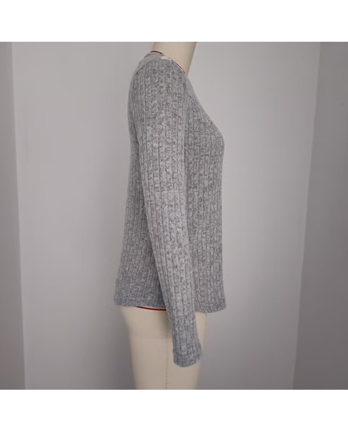 gray autumn women lace round collar pit strip sanding T-shirt