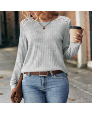 gray autumn women lace round collar pit strip sanding T-shirt