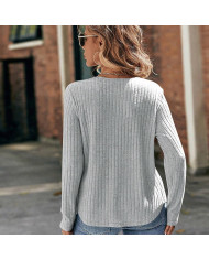 gray autumn women lace round collar pit strip sanding T-shirt