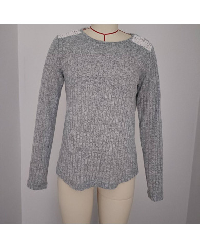 gray autumn women lace round collar pit strip sanding T-shirt