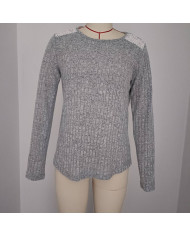 gray autumn women lace round collar pit strip sanding T-shirt