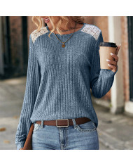 gray autumn women lace round collar pit strip sanding T-shirt