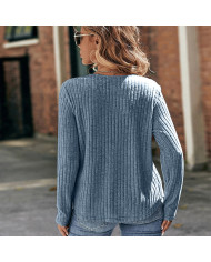 blue autumn women lace round collar pit strip sanding T-shirt