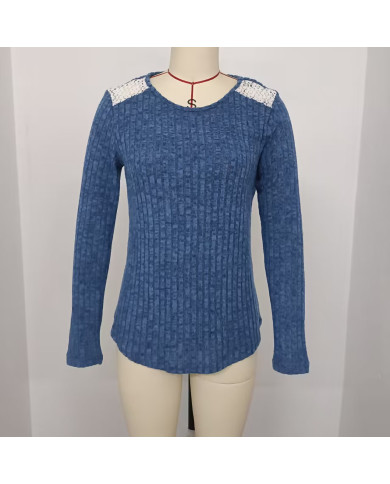 blue autumn women lace round collar pit strip sanding T-shirt