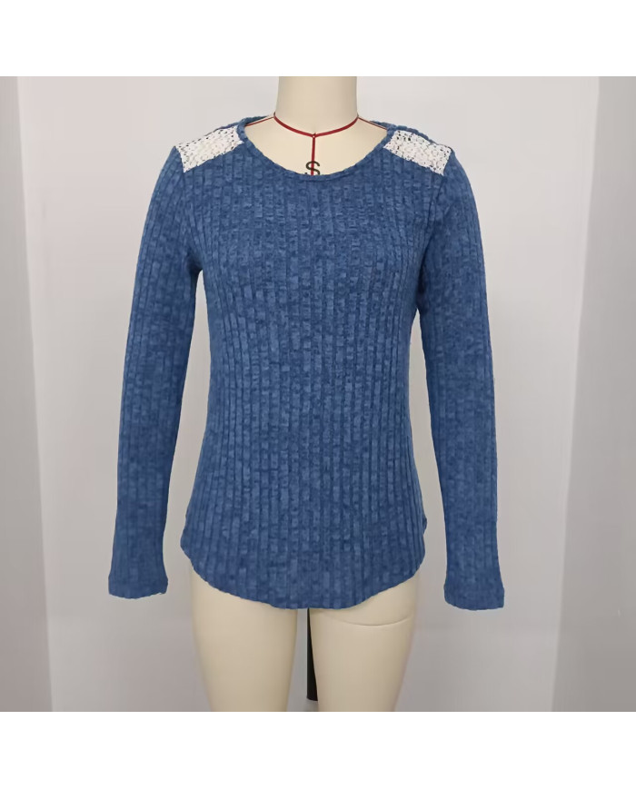 blue autumn women lace round collar pit strip sanding T-shirt