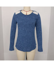 blue autumn women lace round collar pit strip sanding T-shirt