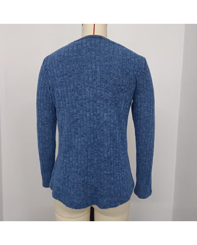 blue autumn women lace round collar pit strip sanding T-shirt