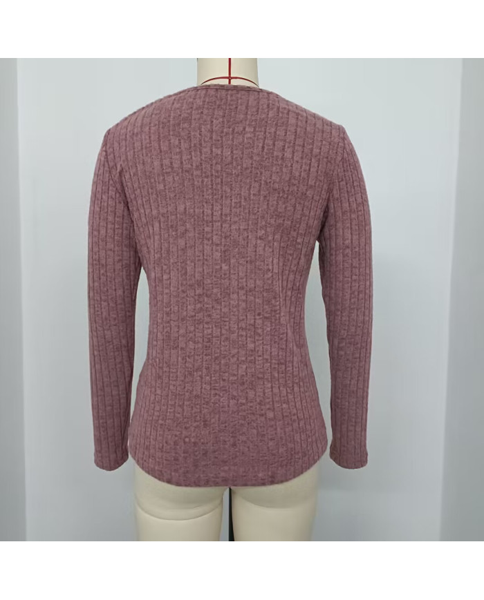 wine red autumn women lace round collar pit strip sanding T-shirt