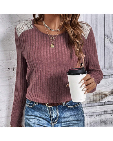 wine red autumn women lace round collar pit strip sanding T-shirt