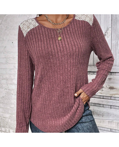 wine red autumn women lace round collar pit strip sanding T-shirt