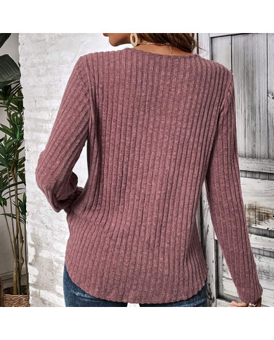 wine red autumn women lace round collar pit strip sanding T-shirt