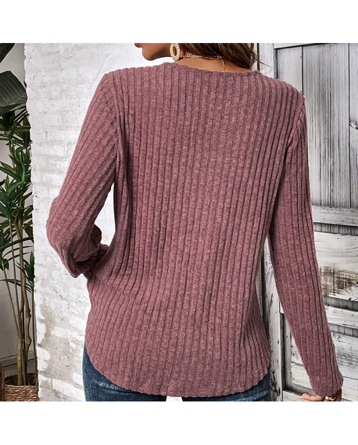 wine red autumn women lace round collar pit strip sanding T-shirt