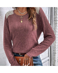 wine red autumn women lace round collar pit strip sanding T-shirt
