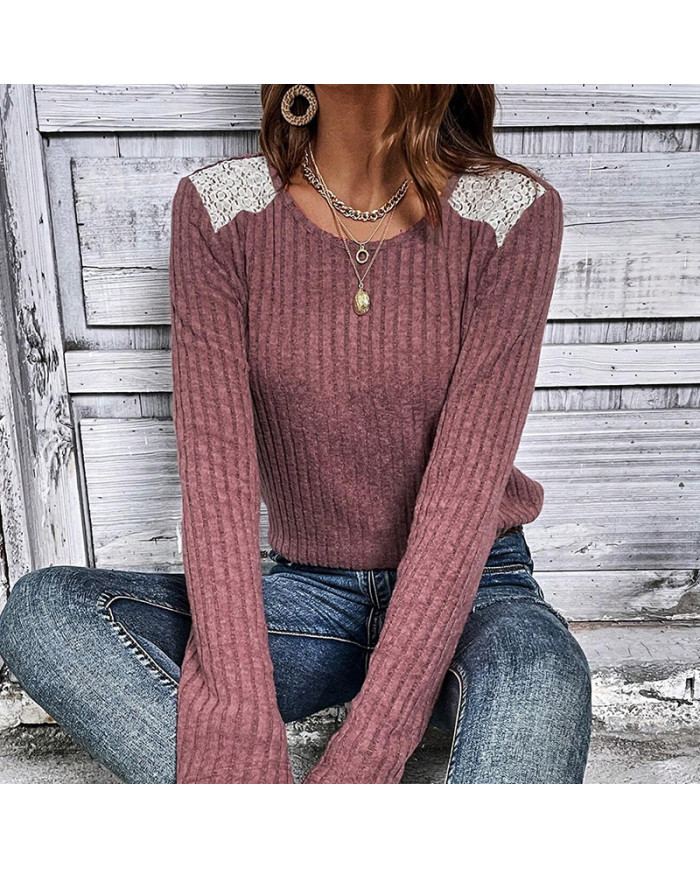 wine red autumn women lace round collar pit strip sanding T-shirt