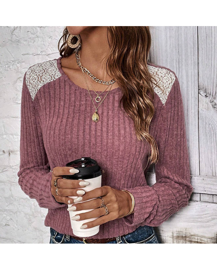 wine red autumn women lace round collar pit strip sanding T-shirt