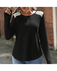 black autumn women lace round collar pit strip sanding T-shirt