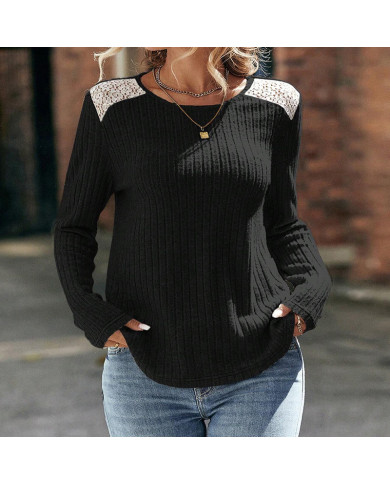 black autumn women lace round collar pit strip sanding T-shirt