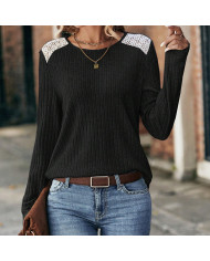 black autumn women lace round collar pit strip sanding T-shirt