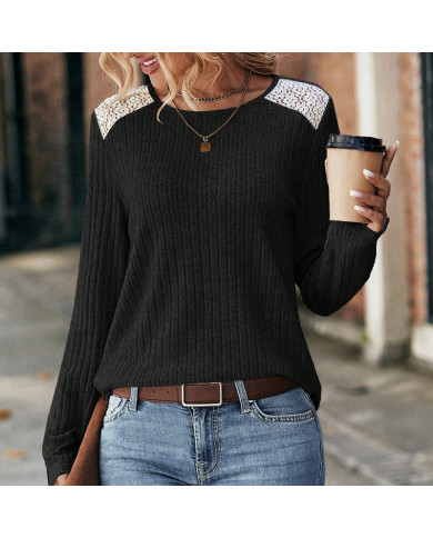 black autumn women lace round collar pit strip sanding T-shirt