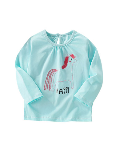 happy horse printing long sleeve girl kids cotton T-shirt