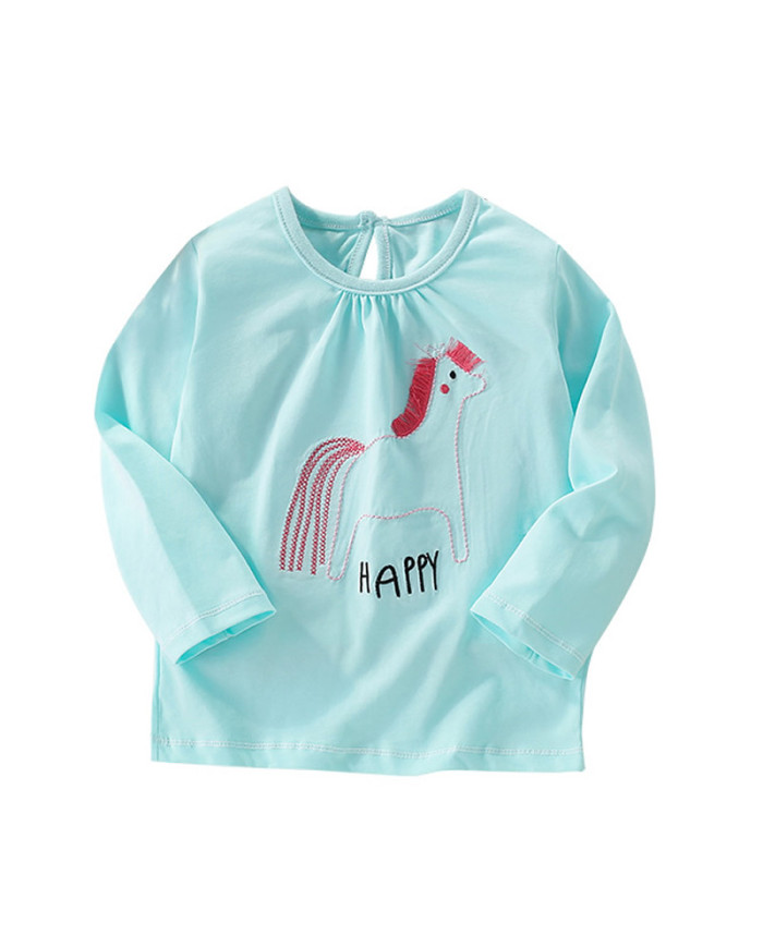 happy horse printing long sleeve girl kids cotton T-shirt