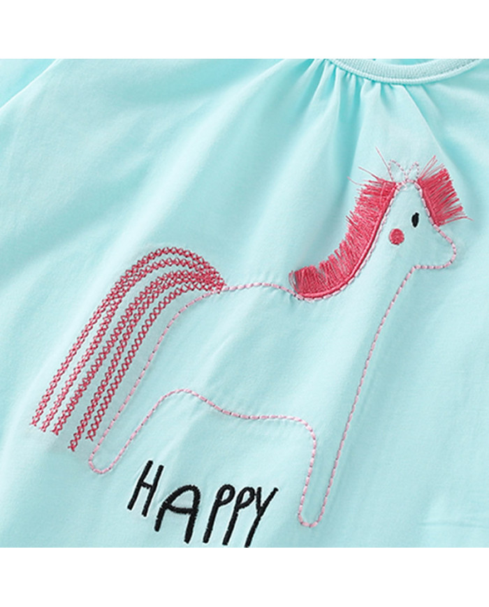 happy horse printing long sleeve girl kids cotton T-shirt