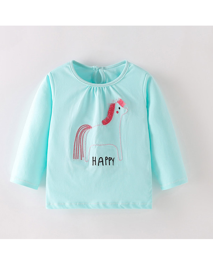 happy horse printing long sleeve girl kids cotton T-shirt