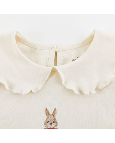cute embroid rabit long sleeve lapel girl cotton T-shirt