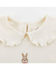 cute embroid rabit long sleeve lapel girl cotton T-shirt