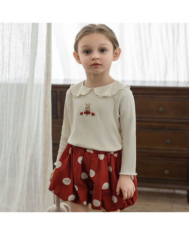 cute embroid rabit long sleeve lapel girl cotton T-shirt