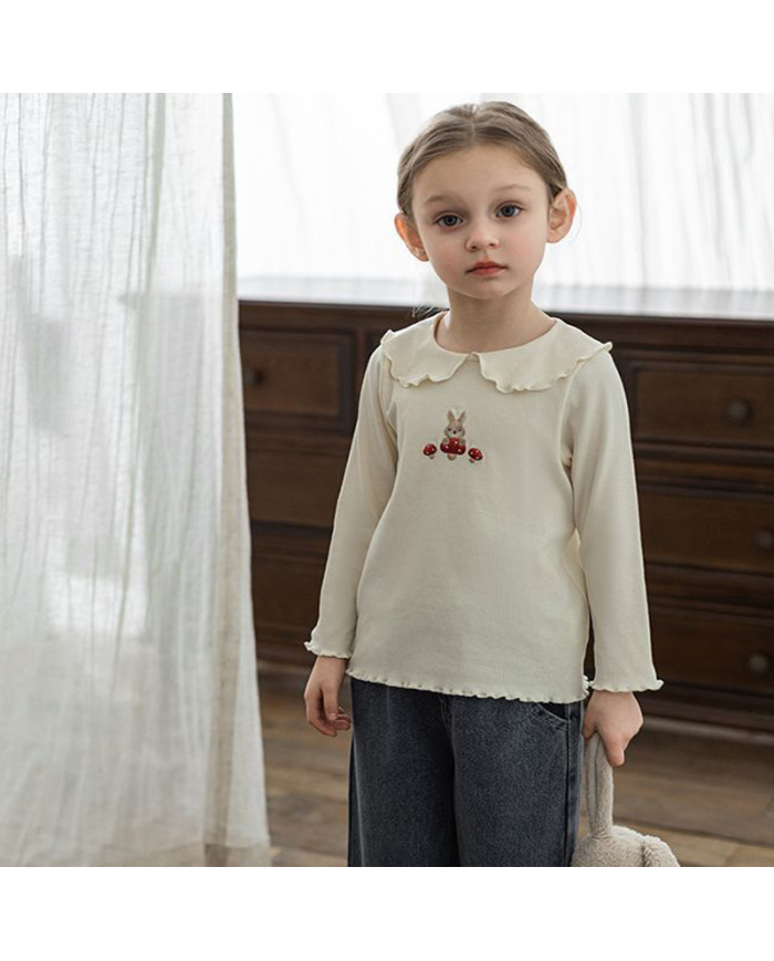 cute embroid rabit long sleeve lapel girl cotton T-shirt