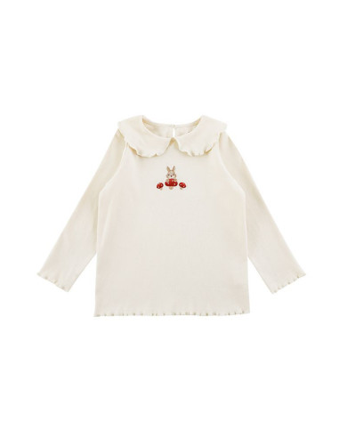 cute embroid rabit long sleeve lapel girl cotton T-shirt