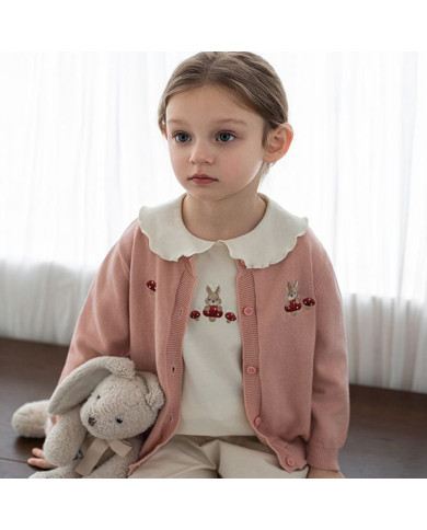 cute embroid rabit long sleeve lapel girl cotton T-shirt
