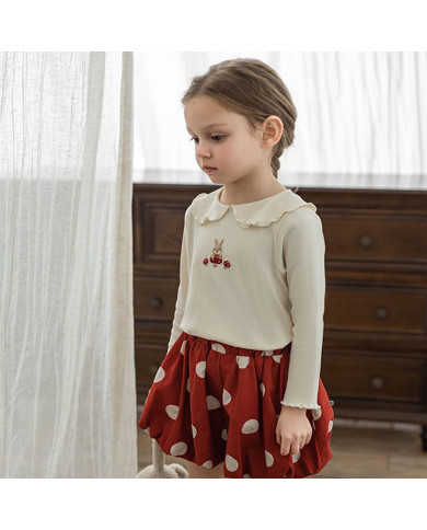 cute embroid rabit long sleeve lapel girl cotton T-shirt
