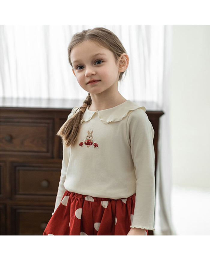 cute embroid rabit long sleeve lapel girl cotton T-shirt