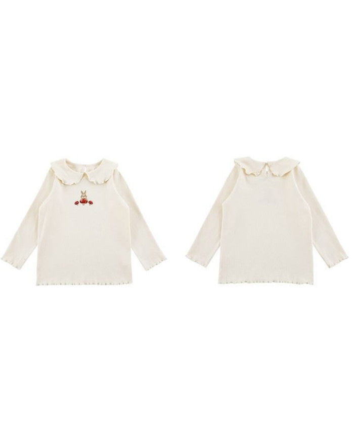 cute embroid rabit long sleeve lapel girl cotton T-shirt