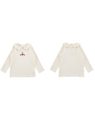 cute embroid rabit long sleeve lapel girl cotton T-shirt