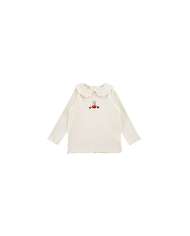 cute embroid rabit long sleeve lapel girl cotton T-shirt