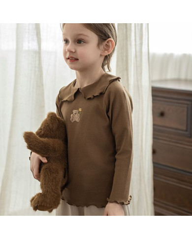 cute embroid bear long sleeve lapel girl cotton T-shirt