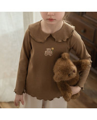 cute embroid bear long sleeve lapel girl cotton T-shirt