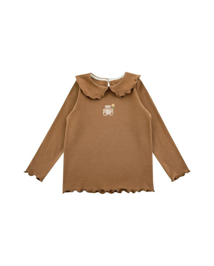 cute embroid bear long sleeve lapel girl cotton T-shirt